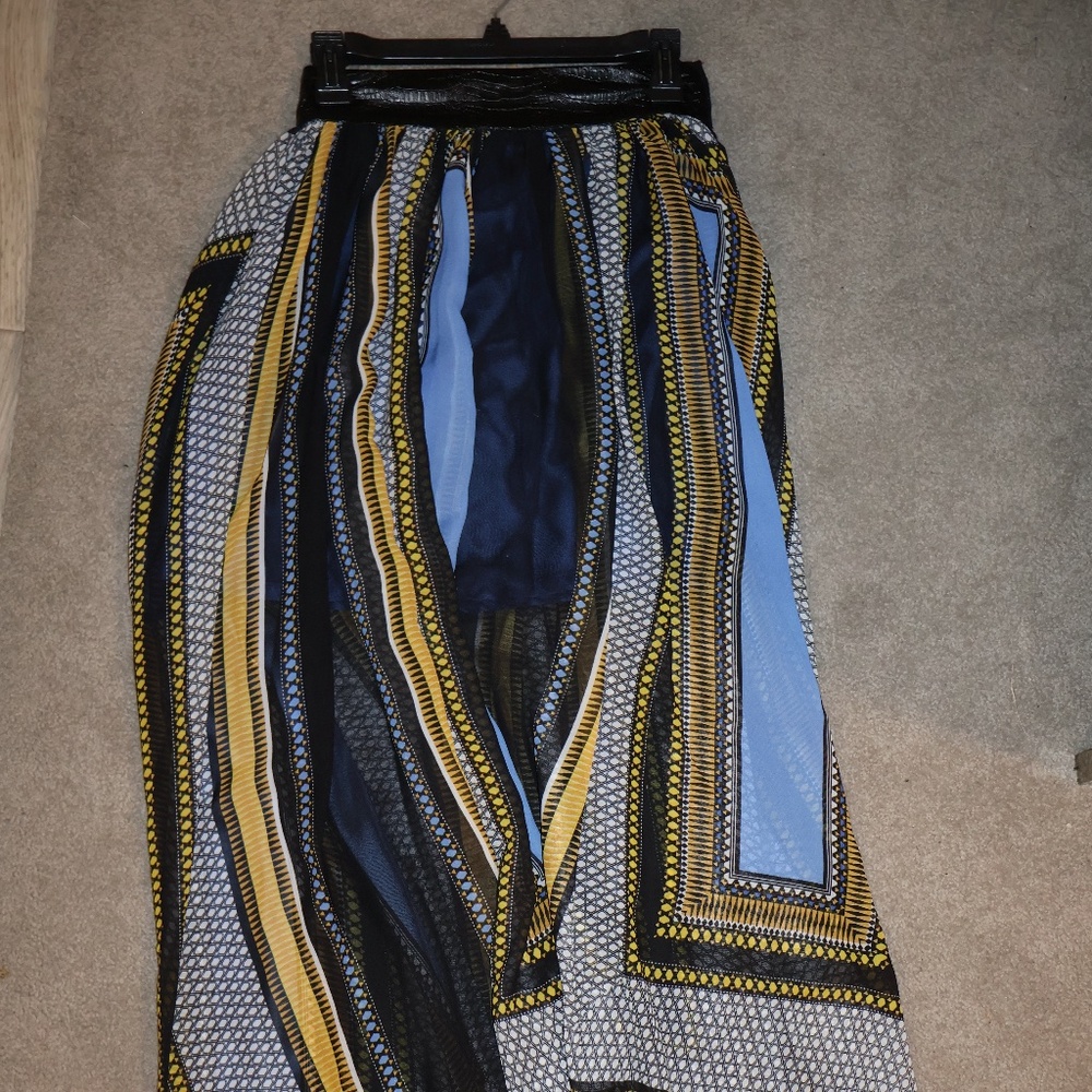 Long Flowy Maxi Skirt with Leather Band and Geometric Print